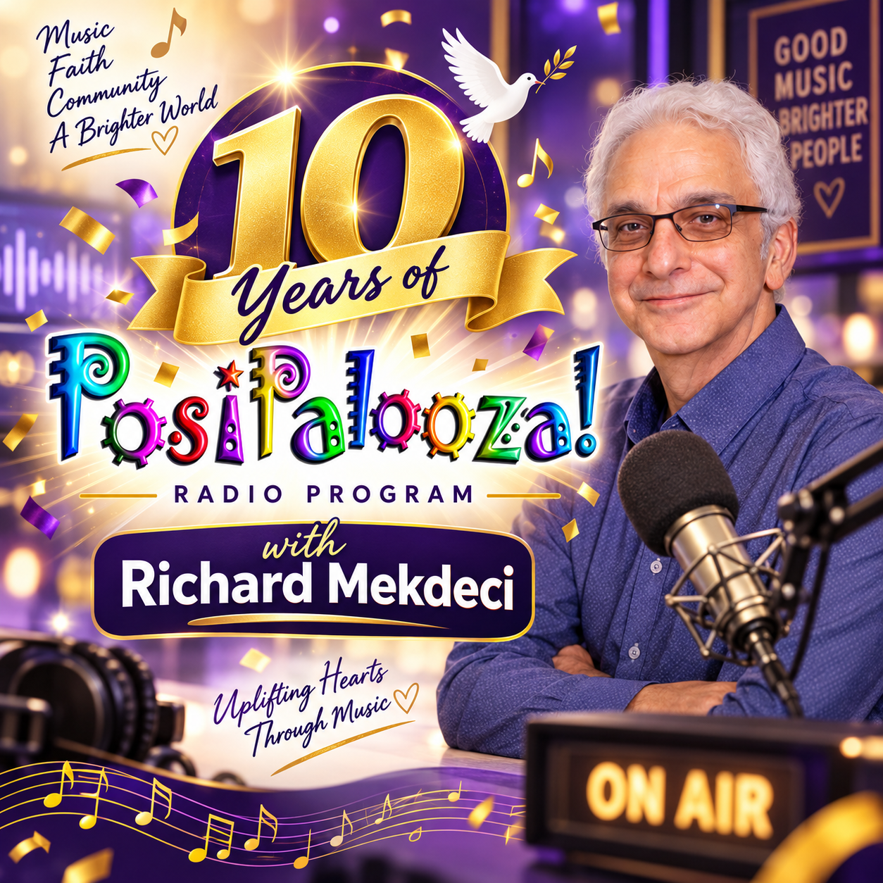 PosiPalooza Radio Program logo celebrating 10 years with host Richard Mekdeci — uplifting hearts through music