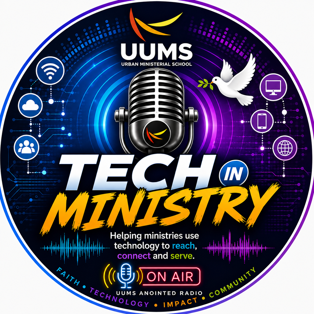 UUMS Tech in Ministry logo with a microphone and on-air badge