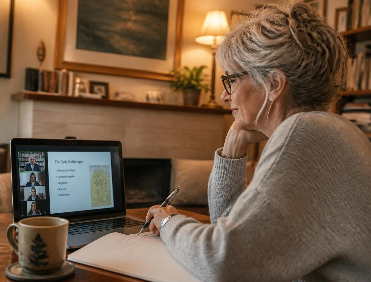 An older woman attending a UUMS online class from home, taking notes beside her laptop